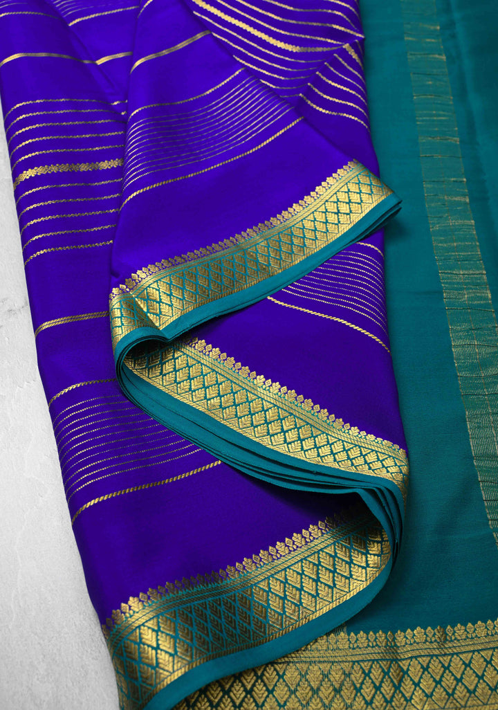 Persian Blue Mysore silk Saree With Horizontal Zari Stripes and Zari Border in KSIC Grade Thickness | SILK MARK CERTIFIED