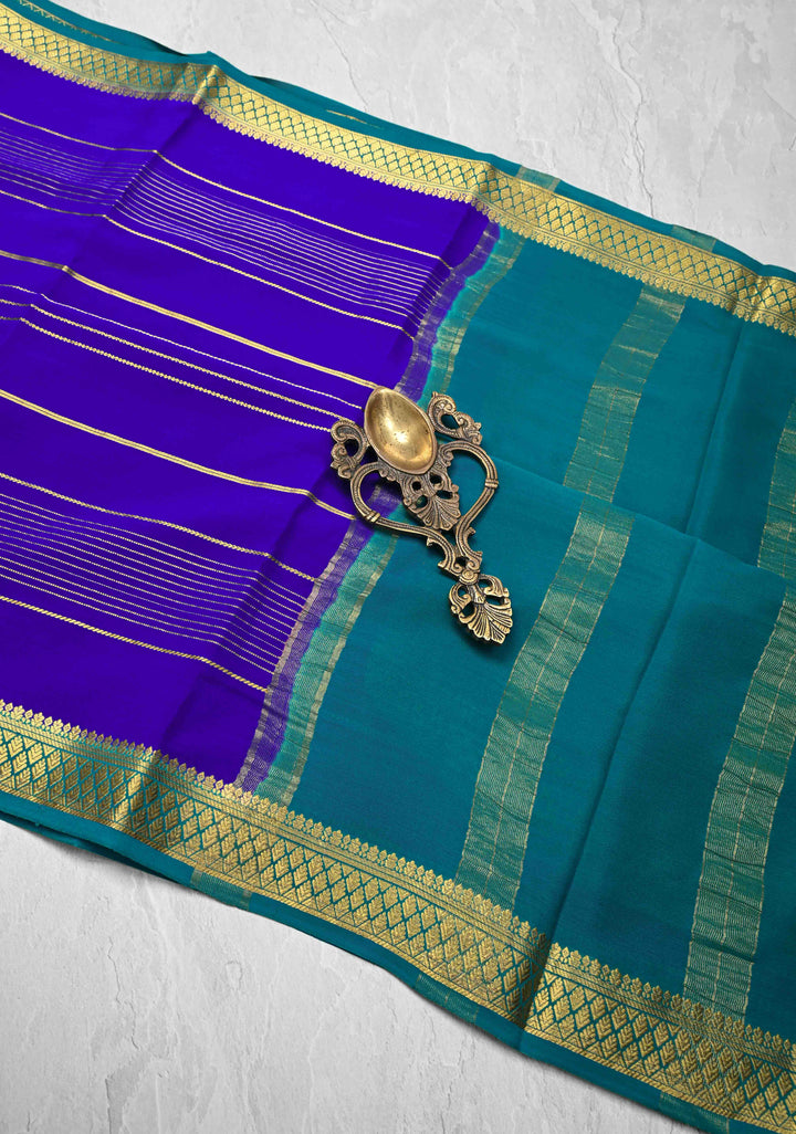 Persian Blue Mysore silk Saree With Horizontal Zari Stripes and Zari Border in KSIC Grade Thickness | SILK MARK CERTIFIED