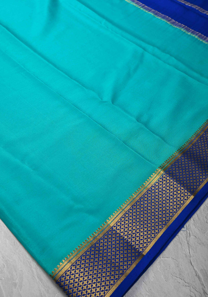 Turquoise Blue Pure Mysore Silk Saree with Zari borders in Ksic Grade thickness | SILK MARK CERTIFIED