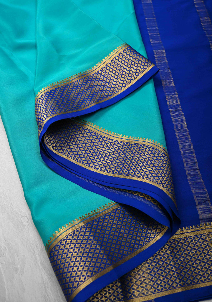 Turquoise Blue Pure Mysore Silk Saree with Zari borders in Ksic Grade thickness | SILK MARK CERTIFIED