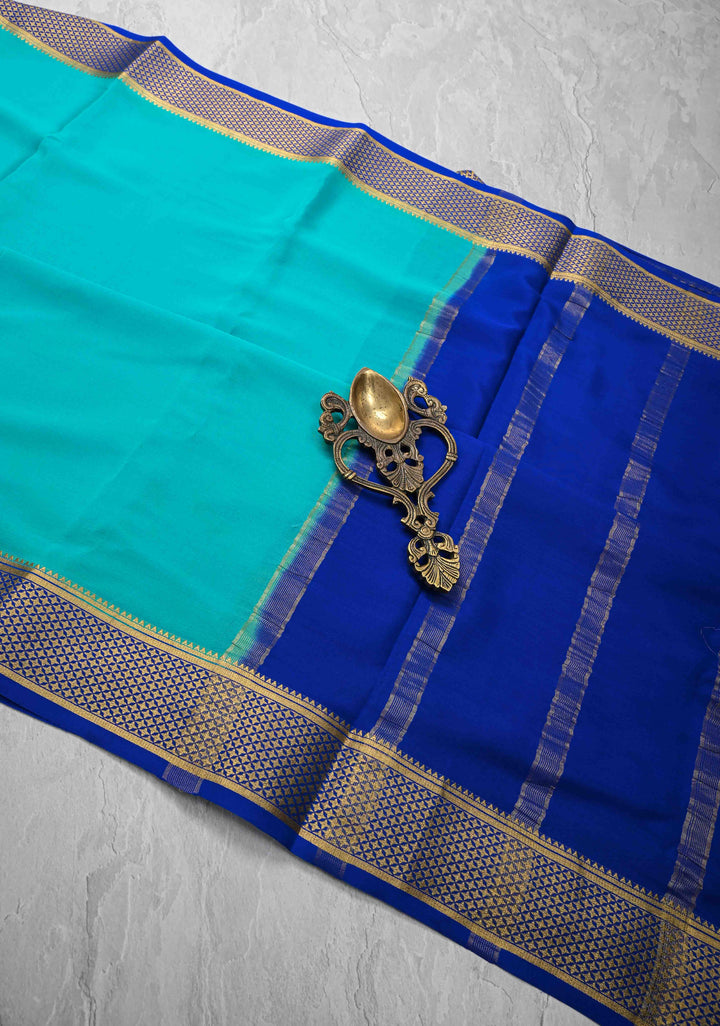 Turquoise Blue Pure Mysore Silk Saree with Zari borders in Ksic Grade thickness | SILK MARK CERTIFIED