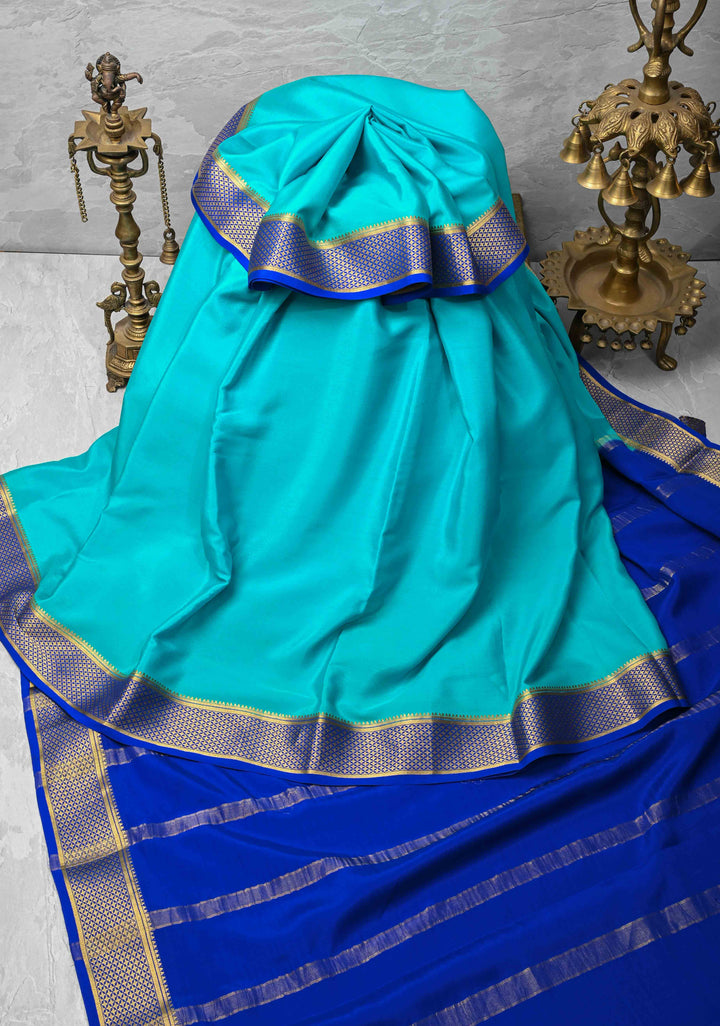 Turquoise Blue Pure Mysore Silk Saree with Zari borders in Ksic Grade thickness | SILK MARK CERTIFIED