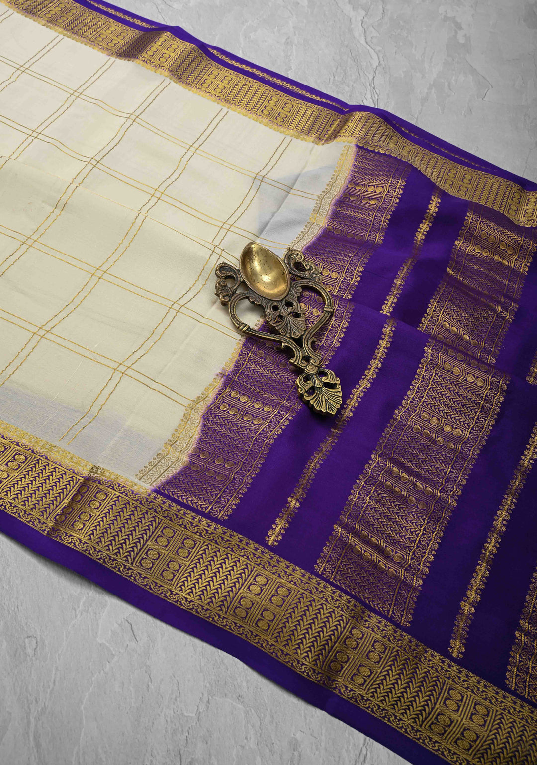 Off White Mysore silk Saree with Zari Checks and Zari Border in KSIC Grade Thickness | SILK MARK CERTIFIED