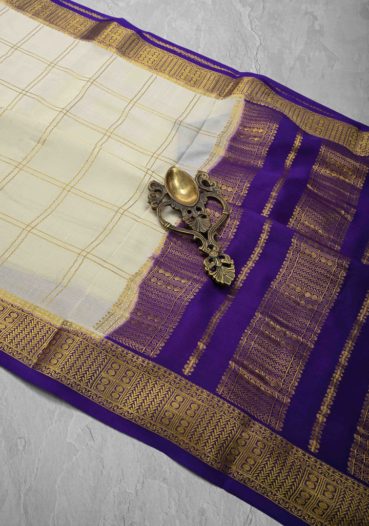 Off White Mysore silk Saree with Zari Checks and Zari Border in KSIC Grade Thickness | SILK MARK CERTIFIED