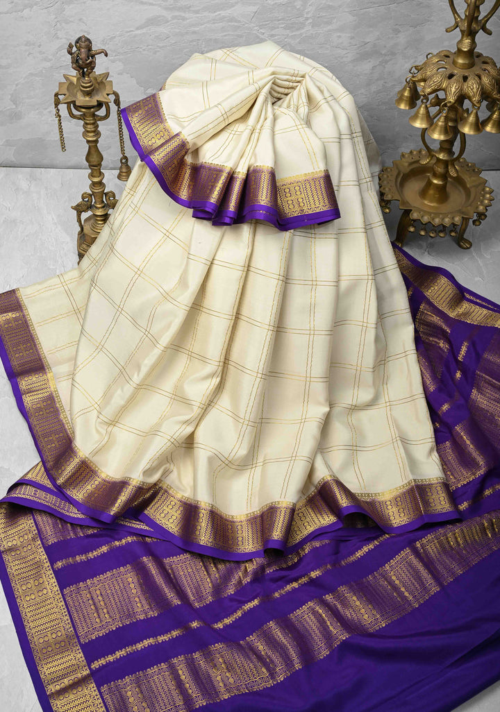 Off White Mysore silk Saree with Zari Checks and Zari Border in KSIC Grade Thickness | SILK MARK CERTIFIED