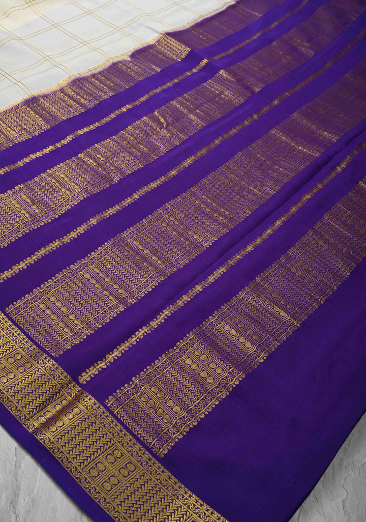 Off White Mysore silk Saree with Zari Checks and Zari Border in KSIC Grade Thickness | SILK MARK CERTIFIED
