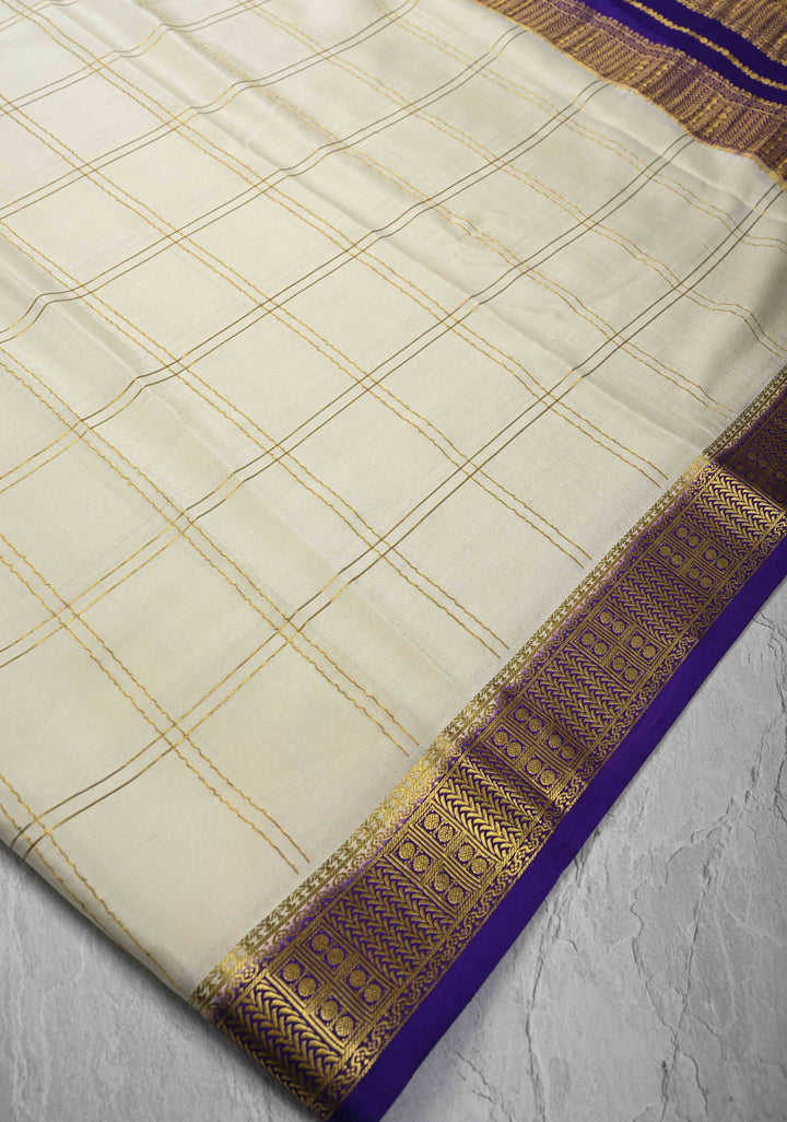 Off White Mysore silk Saree with Zari Checks and Zari Border in KSIC Grade Thickness | SILK MARK CERTIFIED