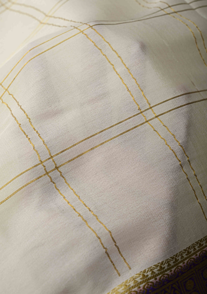 Off White Mysore silk Saree with Zari Checks and Zari Border in KSIC Grade Thickness | SILK MARK CERTIFIED