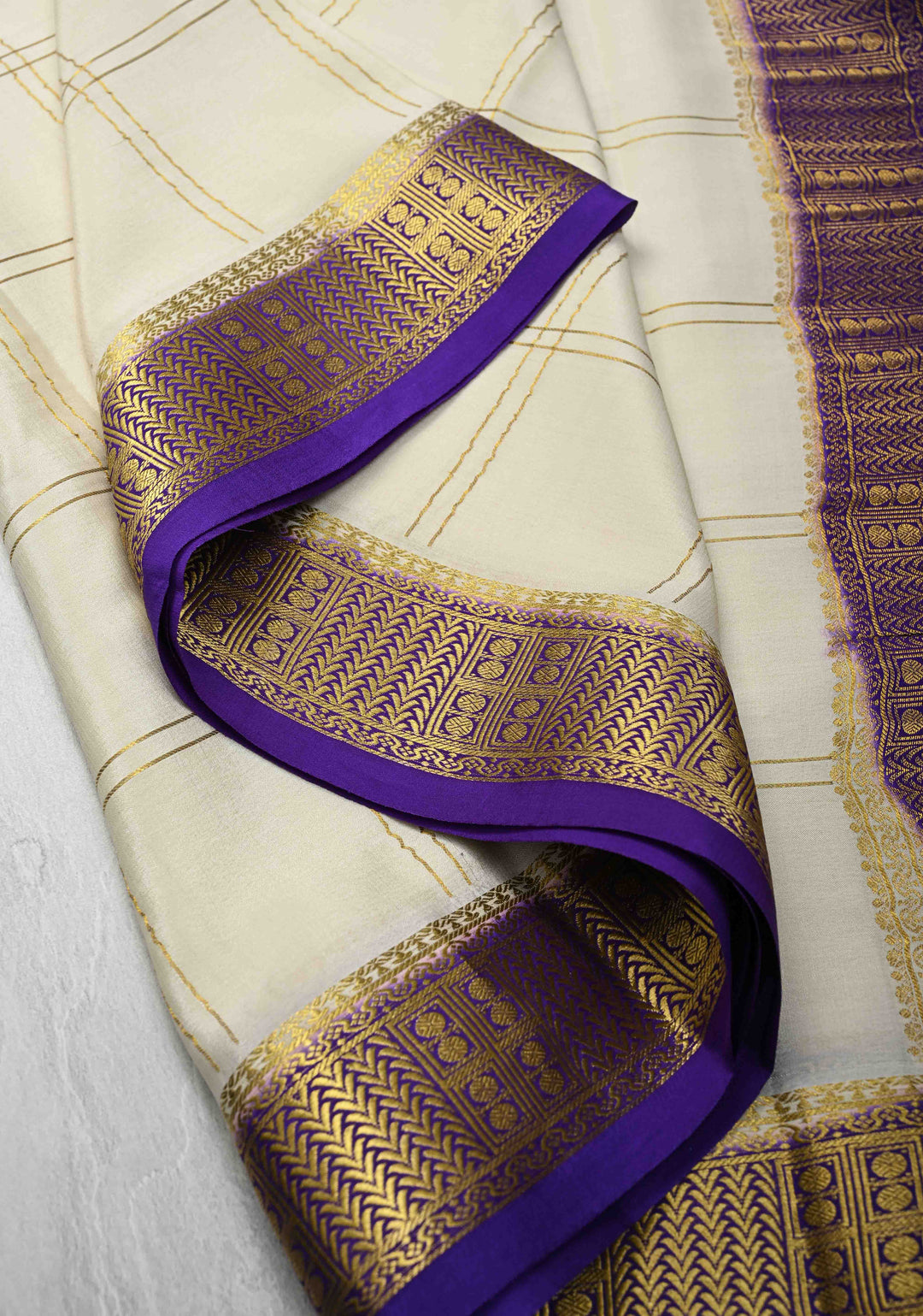Off White Mysore silk Saree with Zari Checks and Zari Border in KSIC Grade Thickness | SILK MARK CERTIFIED