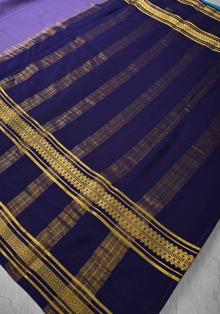 Dark Lavender Mysore Silk Saree with Navy Blue Panel and Zari Border in KSIC Grade Thickness | SILK MARK CERTIFIED