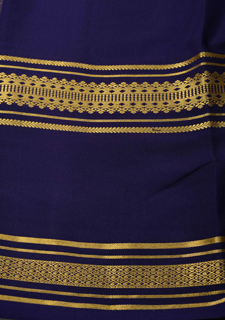 Dark Lavender Mysore Silk Saree with Navy Blue Panel and Zari Border in KSIC Grade Thickness | SILK MARK CERTIFIED