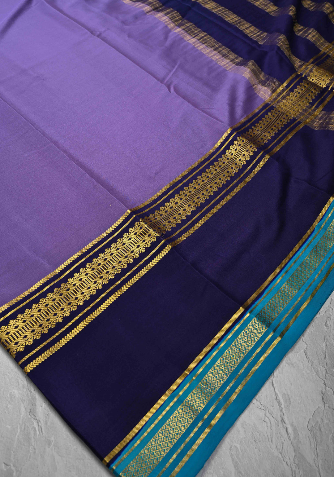 Dark Lavender Mysore Silk Saree with Navy Blue Panel and Zari Border in KSIC Grade Thickness | SILK MARK CERTIFIED