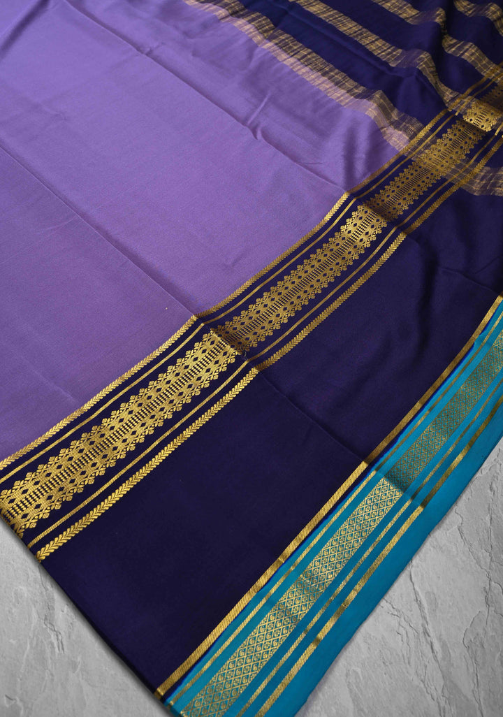 Dark Lavender Mysore Silk Saree with Navy Blue Panel and Zari Border in KSIC Grade Thickness | SILK MARK CERTIFIED