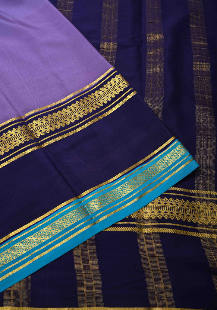 Dark Lavender Mysore Silk Saree with Navy Blue Panel and Zari Border in KSIC Grade Thickness | SILK MARK CERTIFIED
