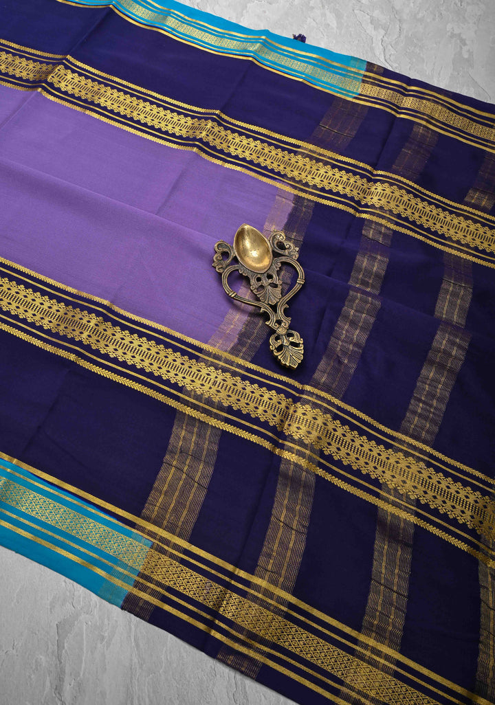 Dark Lavender Mysore Silk Saree with Navy Blue Panel and Zari Border in KSIC Grade Thickness | SILK MARK CERTIFIED
