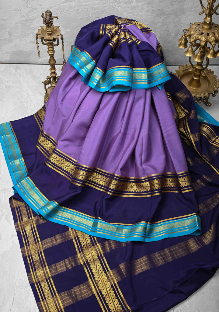 Dark Lavender Mysore Silk Saree with Navy Blue Panel and Zari Border in KSIC Grade Thickness | SILK MARK CERTIFIED