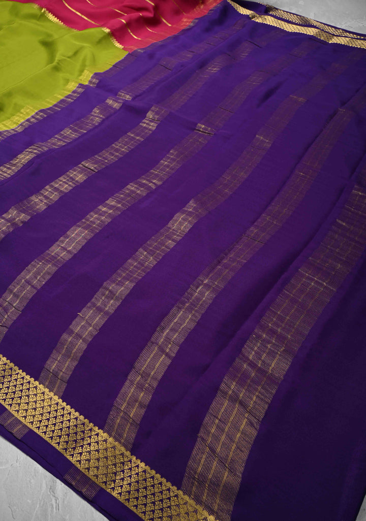 Mubaggam 3-Part Mysore Silk Saree in Green with indigo and Magenta With Horizontal Zari stripes and Half Border in KSIC Grade Thickness | SILK MARK CERTIFIED