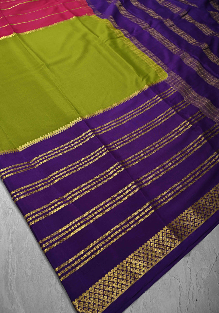 Mubaggam 3-Part Mysore Silk Saree in Green with indigo and Magenta With Horizontal Zari stripes and Half Border in KSIC Grade Thickness | SILK MARK CERTIFIED