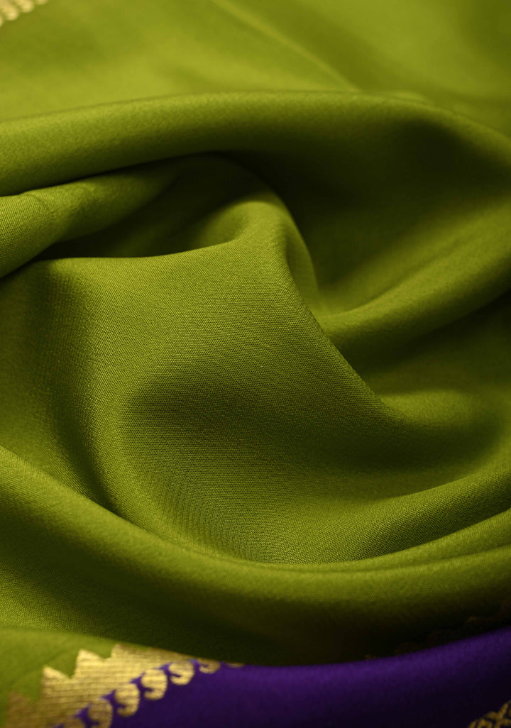 Mubaggam 3-Part Mysore Silk Saree in Green with indigo and Magenta With Horizontal Zari stripes and Half Border in KSIC Grade Thickness | SILK MARK CERTIFIED