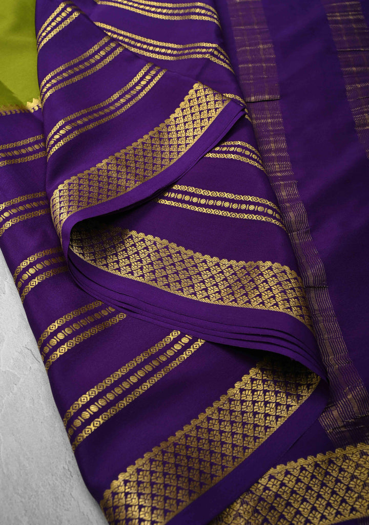 Mubaggam 3-Part Mysore Silk Saree in Green with indigo and Magenta With Horizontal Zari stripes and Half Border in KSIC Grade Thickness | SILK MARK CERTIFIED