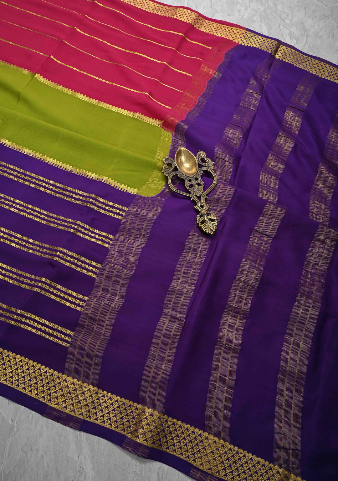 Mubaggam 3-Part Mysore Silk Saree in Green with indigo and Magenta With Horizontal Zari stripes and Half Border in KSIC Grade Thickness | SILK MARK CERTIFIED