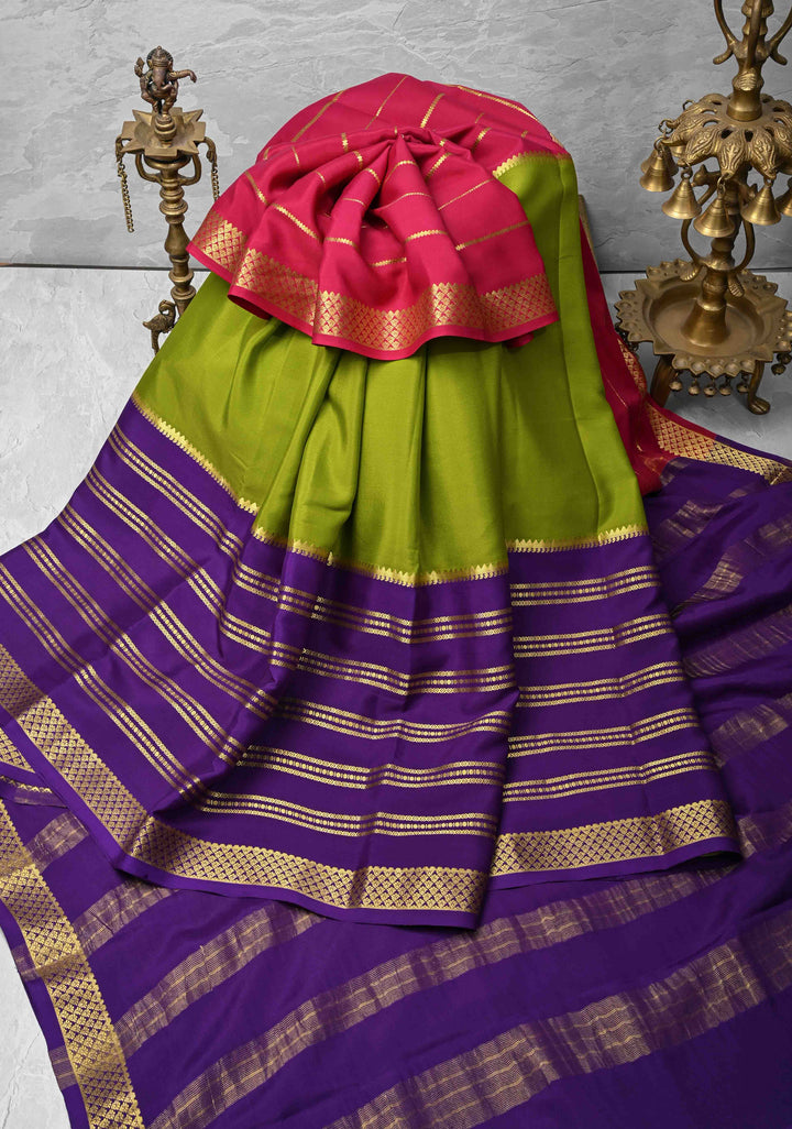 Mubaggam 3-Part Mysore Silk Saree in Green with indigo and Magenta With Horizontal Zari stripes and Half Border in KSIC Grade Thickness | SILK MARK CERTIFIED