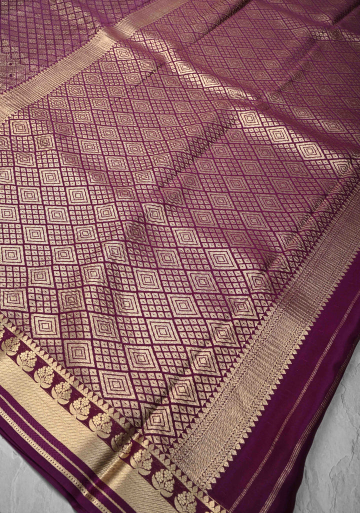 Purple Mysore Silk Saree with Paisley and Floral Zari Brocade and Zari Border in KSIC Grade Thickness | SILK MARK CERTIFIED
