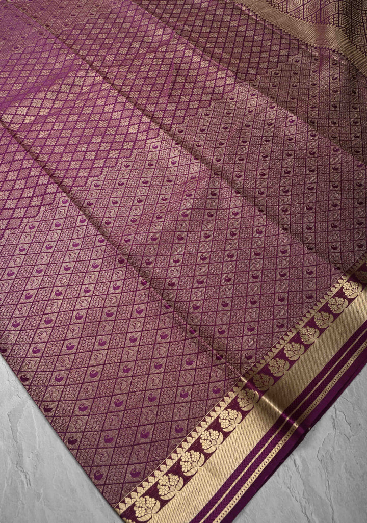 Purple Mysore Silk Saree with Paisley and Floral Zari Brocade and Zari Border in KSIC Grade Thickness | SILK MARK CERTIFIED