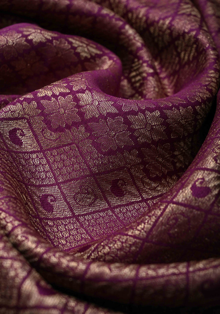 Purple Mysore Silk Saree with Paisley and Floral Zari Brocade and Zari Border in KSIC Grade Thickness | SILK MARK CERTIFIED
