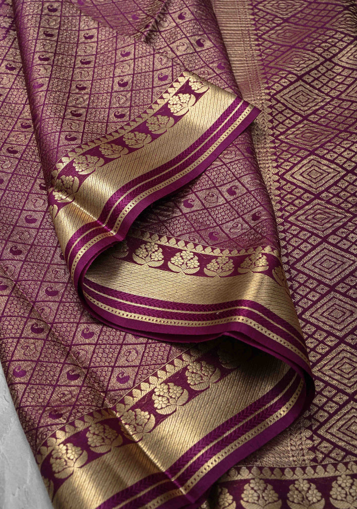 Purple Mysore Silk Saree with Paisley and Floral Zari Brocade and Zari Border in KSIC Grade Thickness | SILK MARK CERTIFIED