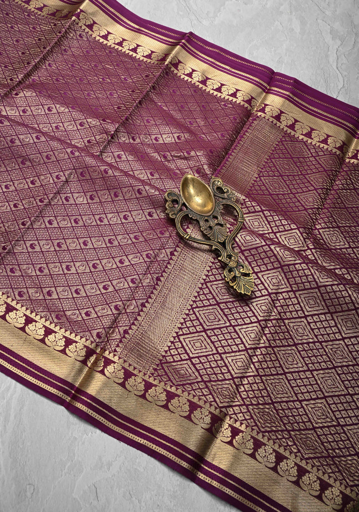 Purple Mysore Silk Saree with Paisley and Floral Zari Brocade and Zari Border in KSIC Grade Thickness | SILK MARK CERTIFIED