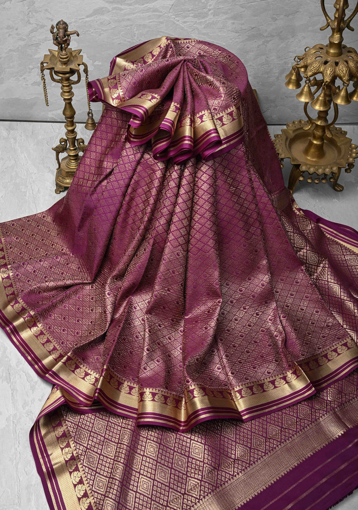 Purple Mysore Silk Saree with Paisley and Floral Zari Brocade and Zari Border in KSIC Grade Thickness | SILK MARK CERTIFIED