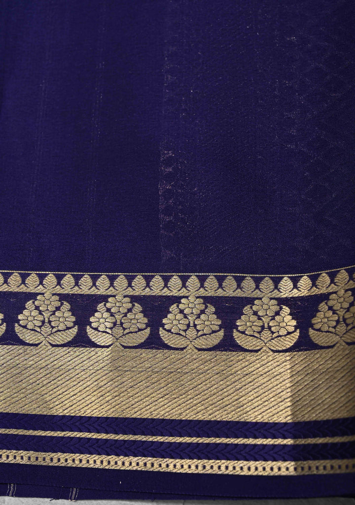 Navy Blue Mysore Silk Saree with Paisley and Floral Zari Brocade and Zari Border in KSIC Grade Thickness | SILK MARK CERTIFIED
