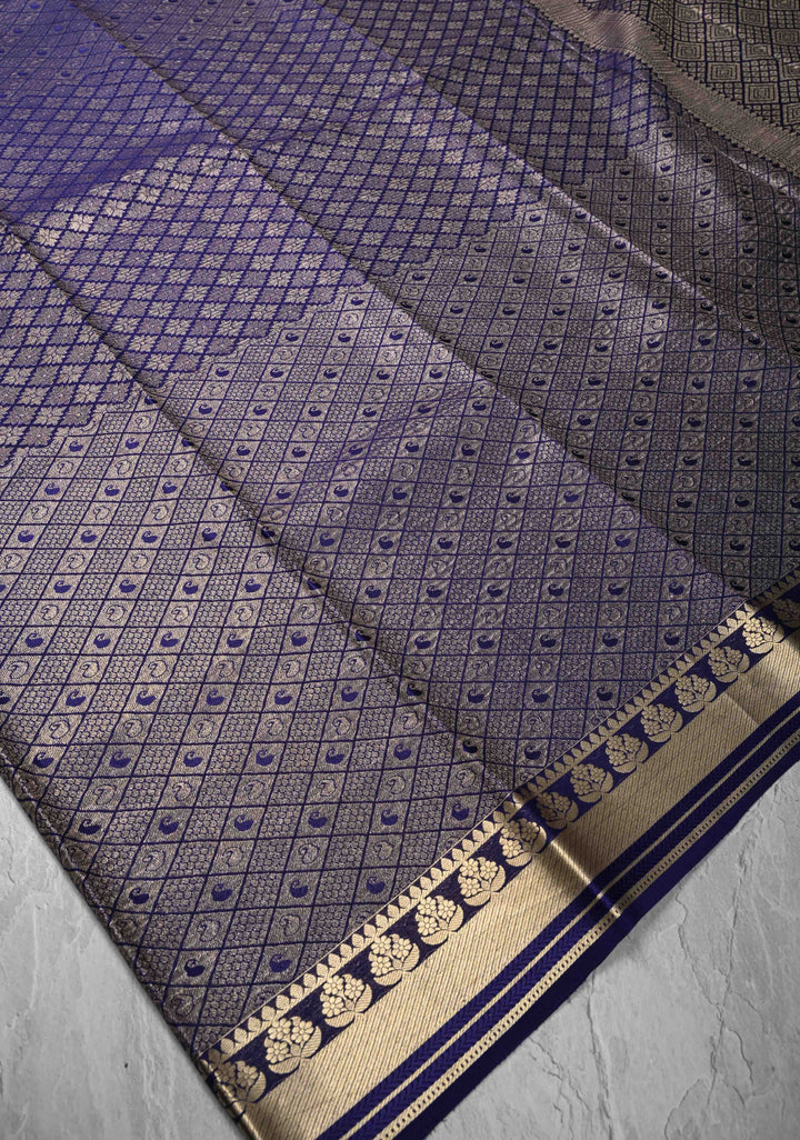 Navy Blue Mysore Silk Saree with Paisley and Floral Zari Brocade and Zari Border in KSIC Grade Thickness | SILK MARK CERTIFIED
