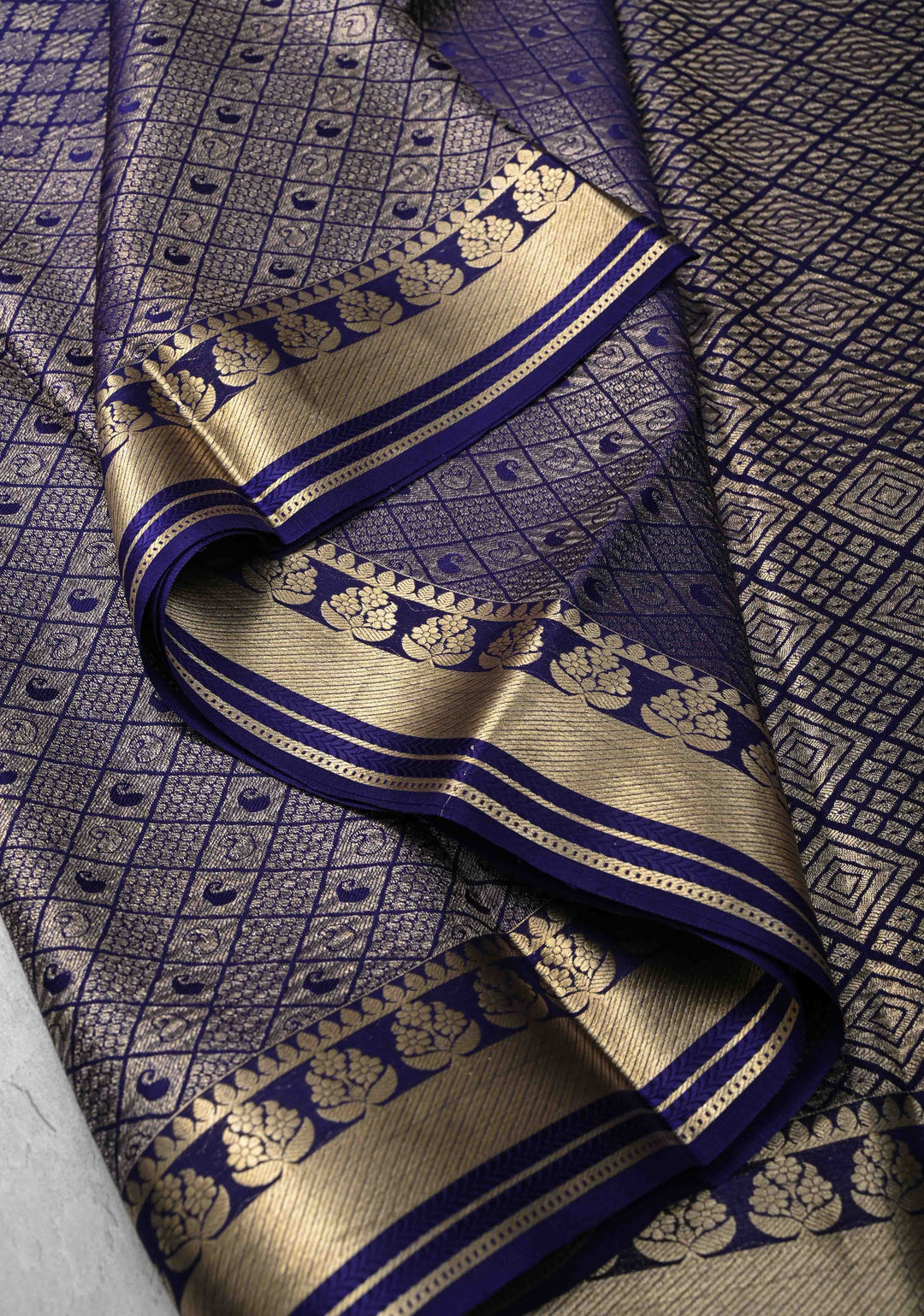 Navy Blue Mysore Silk Saree with Paisley and Floral Zari Brocade and Zari Border in KSIC Grade Thickness | SILK MARK CERTIFIED