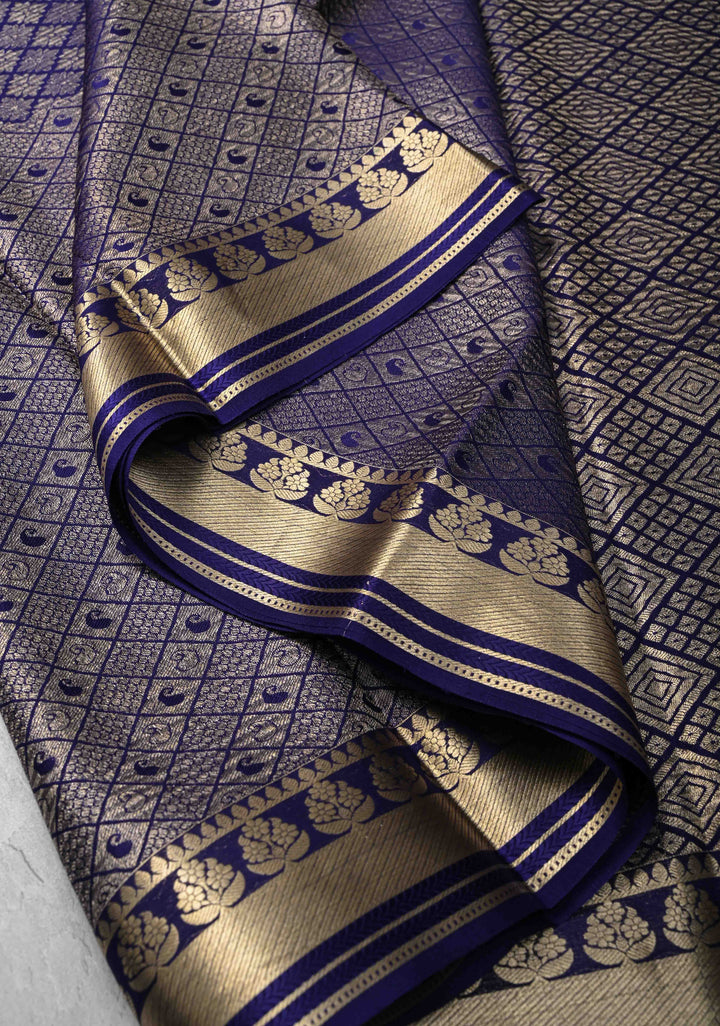 Navy Blue Mysore Silk Saree with Paisley and Floral Zari Brocade and Zari Border in KSIC Grade Thickness | SILK MARK CERTIFIED