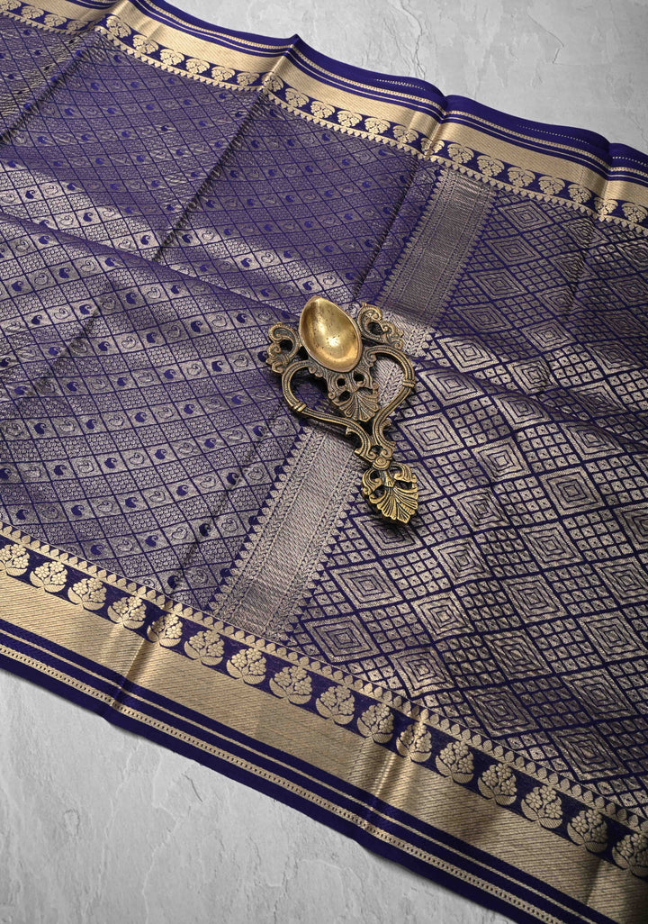 Navy Blue Mysore Silk Saree with Paisley and Floral Zari Brocade and Zari Border in KSIC Grade Thickness | SILK MARK CERTIFIED