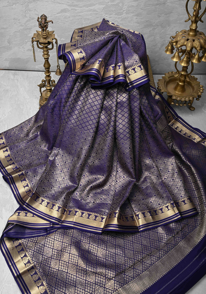 Navy Blue Mysore Silk Saree with Paisley and Floral Zari Brocade and Zari Border in KSIC Grade Thickness | SILK MARK CERTIFIED