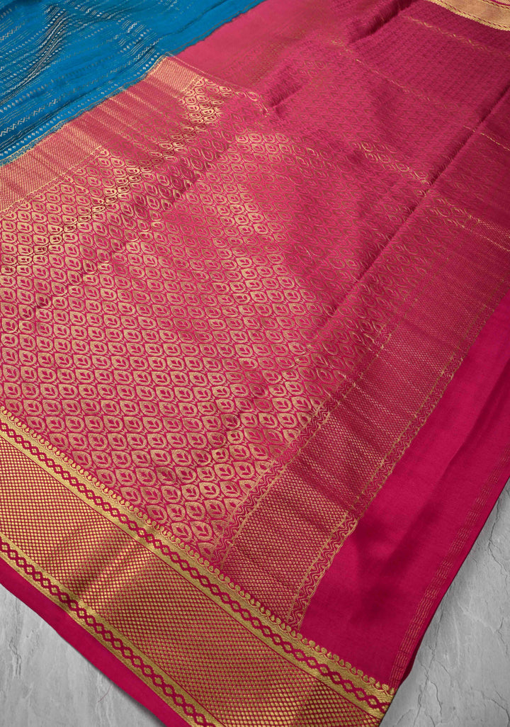 Prussian Blue Mysore silk Saree With Ornate Zari Stripes Contrast Border in KSIC Grade Thickness | SILK MARK CERTIFIED