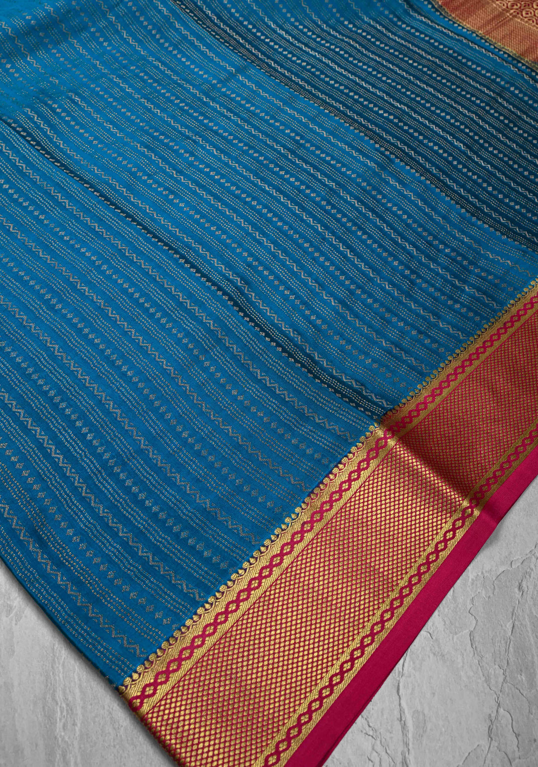 Prussian Blue Mysore silk Saree With Ornate Zari Stripes Contrast Border in KSIC Grade Thickness | SILK MARK CERTIFIED