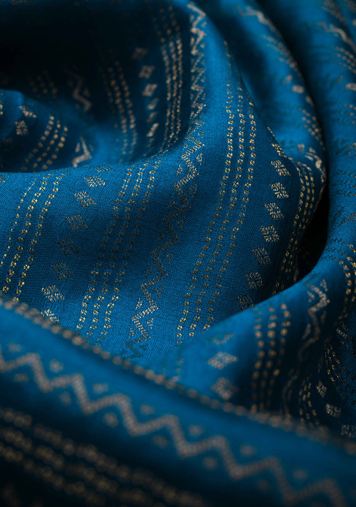 Prussian Blue Mysore silk Saree With Ornate Zari Stripes Contrast Border in KSIC Grade Thickness | SILK MARK CERTIFIED
