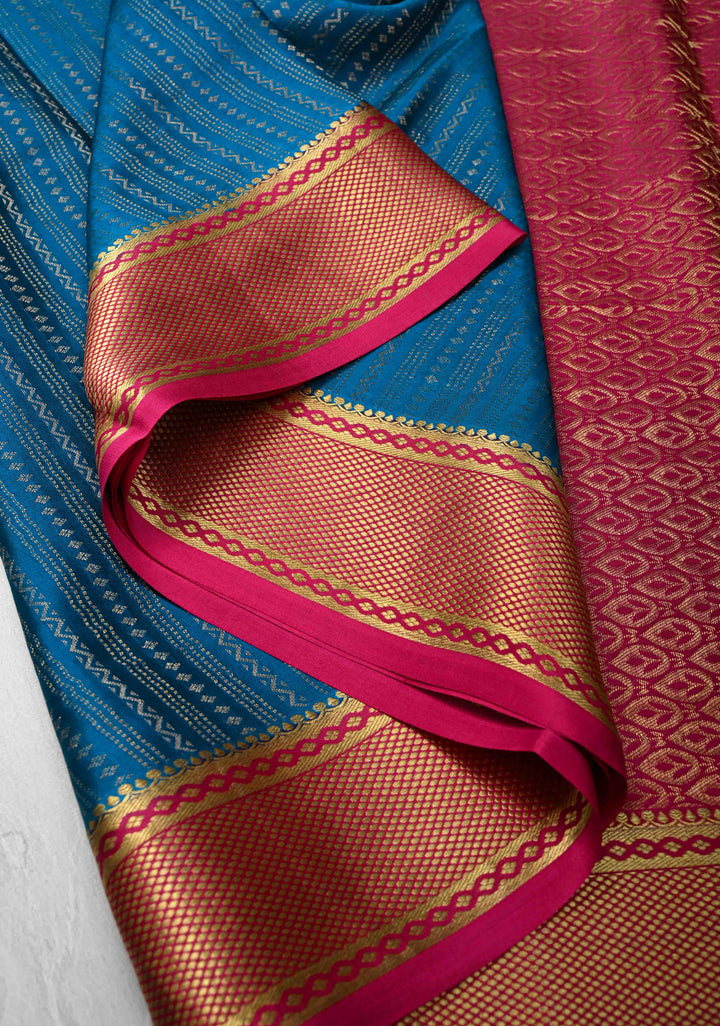 Prussian Blue Mysore silk Saree With Ornate Zari Stripes Contrast Border in KSIC Grade Thickness | SILK MARK CERTIFIED