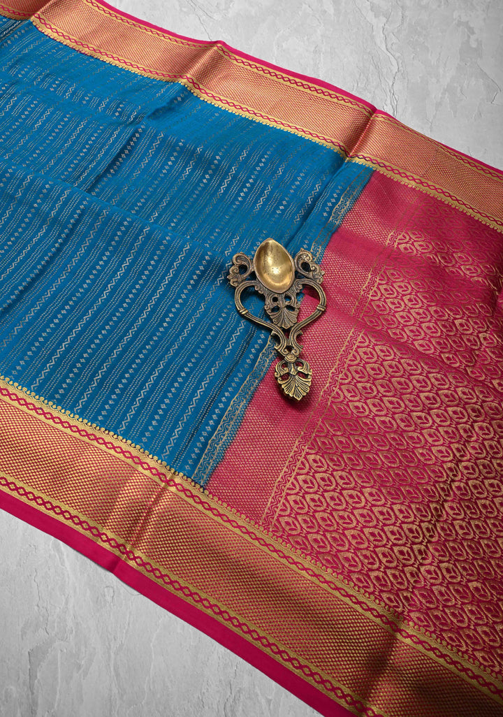 Prussian Blue Mysore silk Saree With Ornate Zari Stripes Contrast Border in KSIC Grade Thickness | SILK MARK CERTIFIED