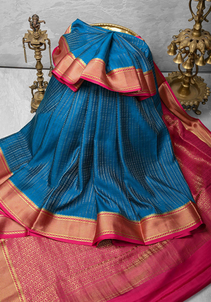 Prussian Blue Mysore silk Saree With Ornate Zari Stripes Contrast Border in KSIC Grade Thickness | SILK MARK CERTIFIED