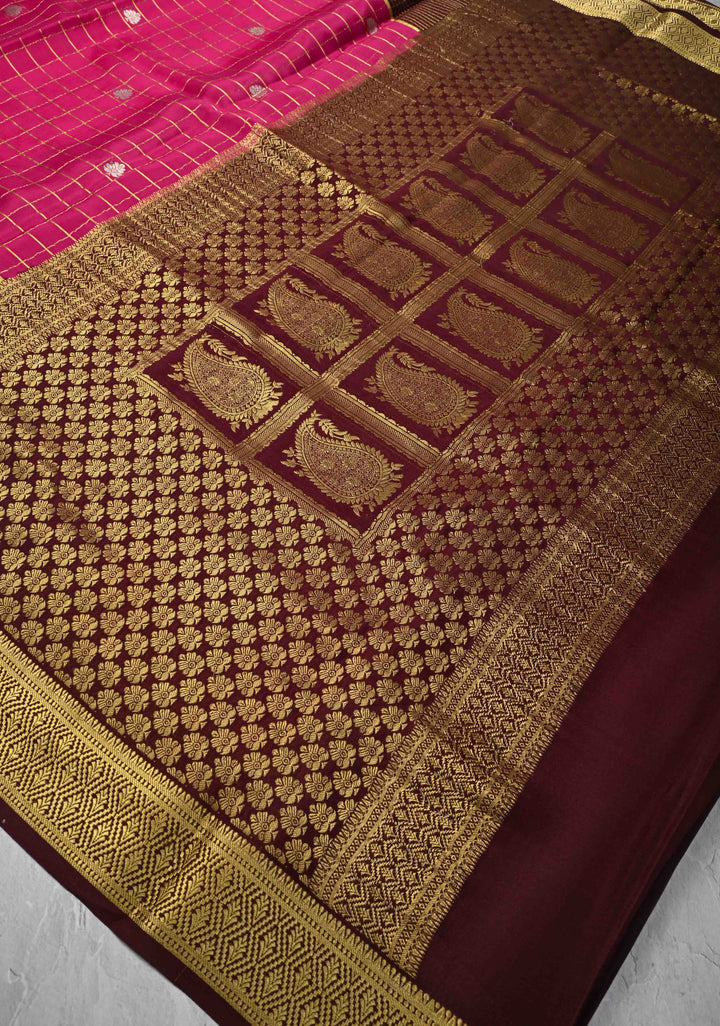 Pink Zari Checks on Pure Mysore Silk saree Floral Zari Motifs And Podi Kattam Border in KSIC Grade Thickness | SILK MARK CERTIFIED