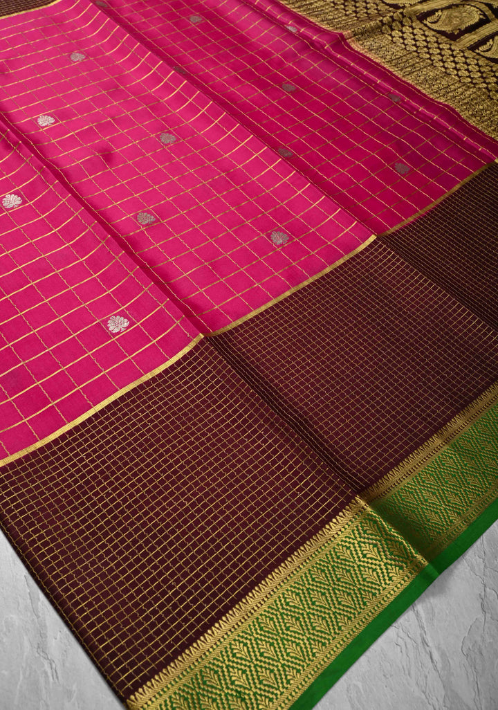 Pink Zari Checks on Pure Mysore Silk saree Floral Zari Motifs And Podi Kattam Border in KSIC Grade Thickness | SILK MARK CERTIFIED