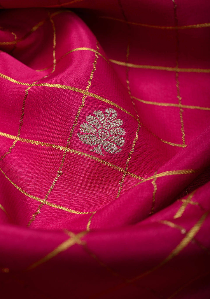 Pink Zari Checks on Pure Mysore Silk saree Floral Zari Motifs And Podi Kattam Border in KSIC Grade Thickness | SILK MARK CERTIFIED