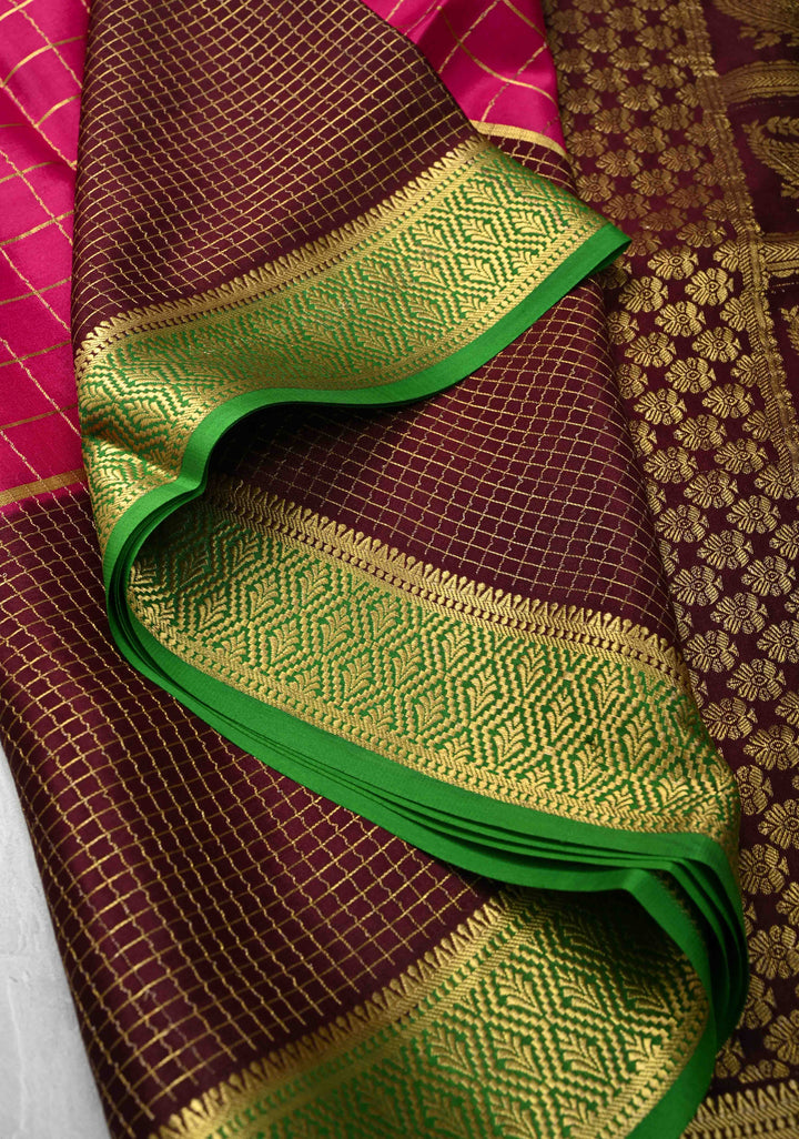 Pink Zari Checks on Pure Mysore Silk saree Floral Zari Motifs And Podi Kattam Border in KSIC Grade Thickness | SILK MARK CERTIFIED