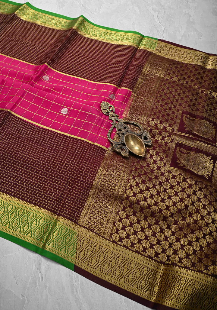 Pink Zari Checks on Pure Mysore Silk saree Floral Zari Motifs And Podi Kattam Border in KSIC Grade Thickness | SILK MARK CERTIFIED