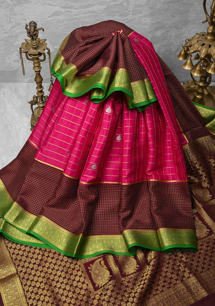 Pink Zari Checks on Pure Mysore Silk saree Floral Zari Motifs And Podi Kattam Border in KSIC Grade Thickness | SILK MARK CERTIFIED